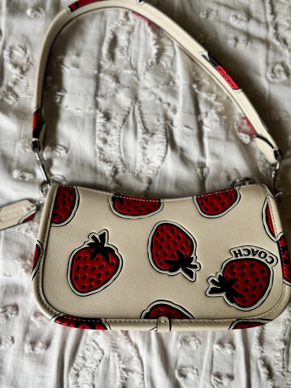 Coach Cream Leather Crossbody with Red Strawberry Print
